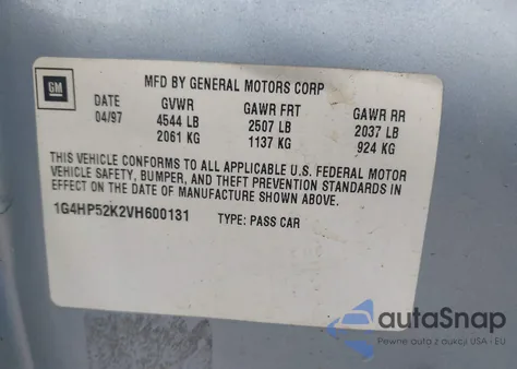 1997 Buick Lesabre Custom Cmi из США, поврежденный, VIN 1G4HP52K2VH600131